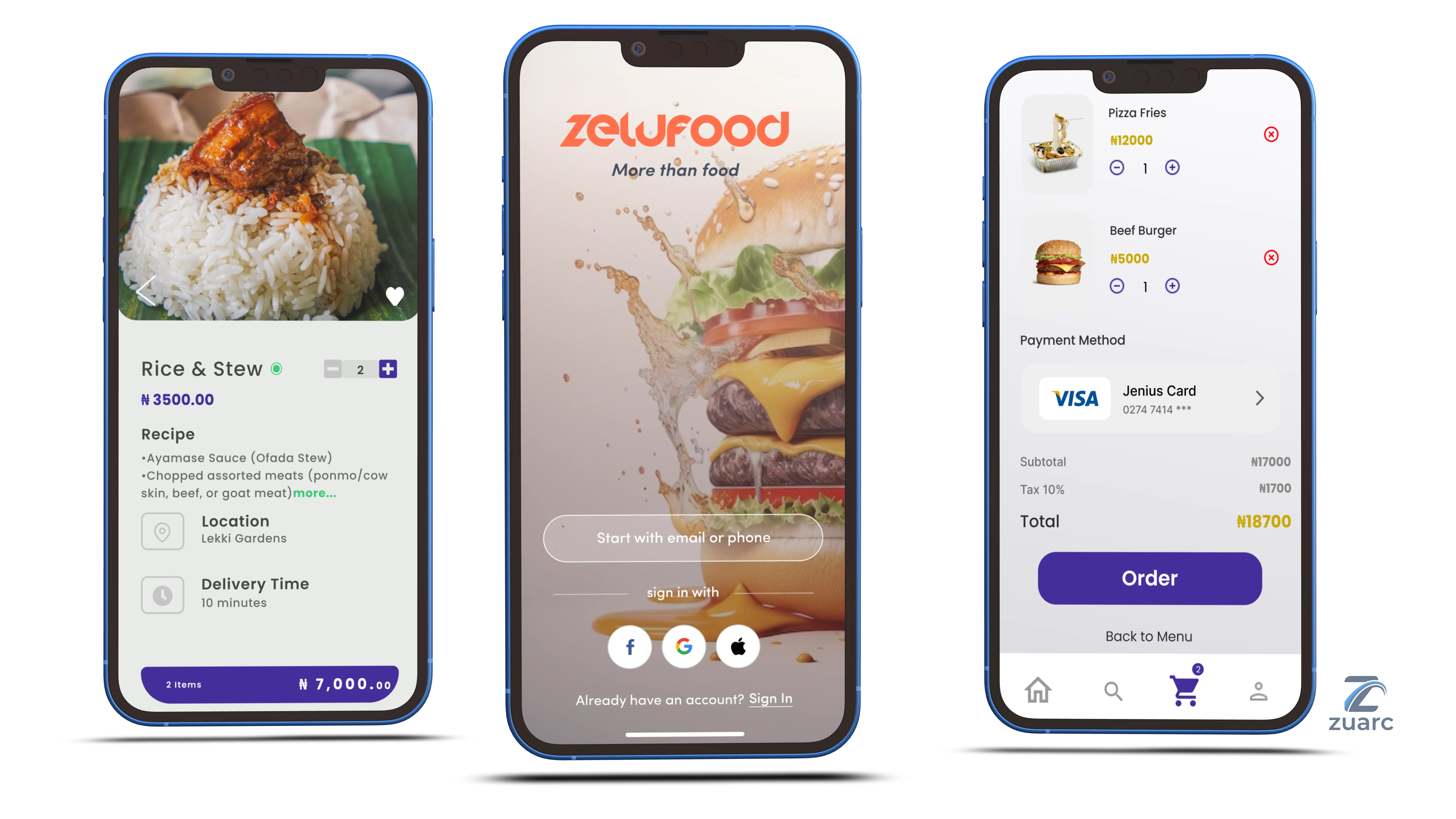 Zelufood App — food ordering mobile app screens